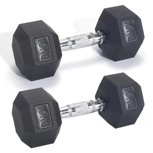 10kg pair rubber hex dumbbells - 10kg,